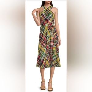 Plaid Print Crinkle Georgette Sleeveless Criss Cross Halter Neck Tie Waist Midi